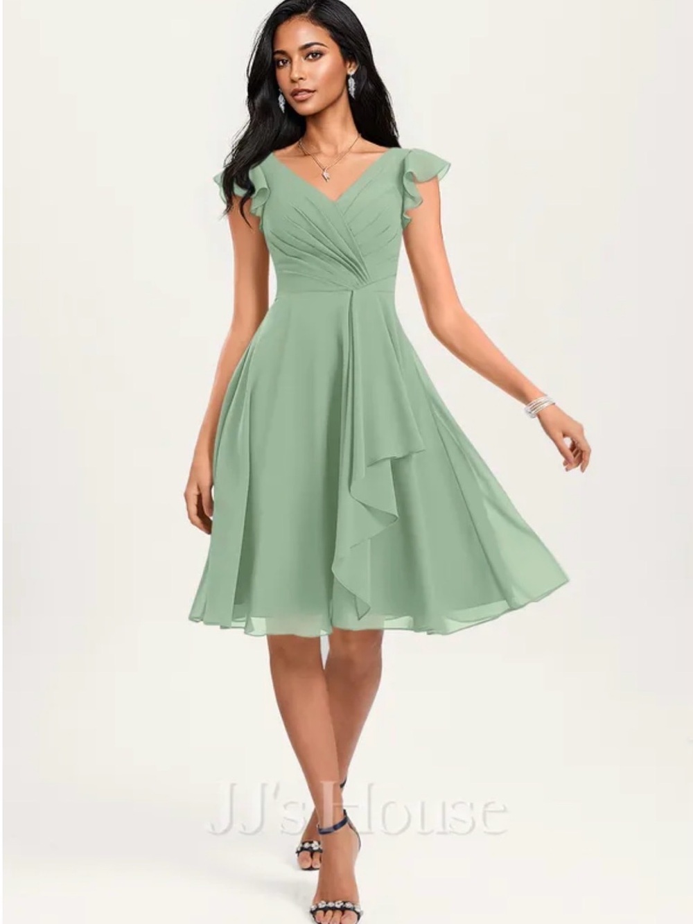 JJs House Mint Green V-Neck Ruffle Sleeve Chiffon Midi Dress